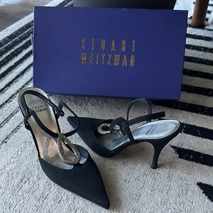 Stuart Weitzman Accolade Black Peau Heels with Sparkling Rhinestones Detail